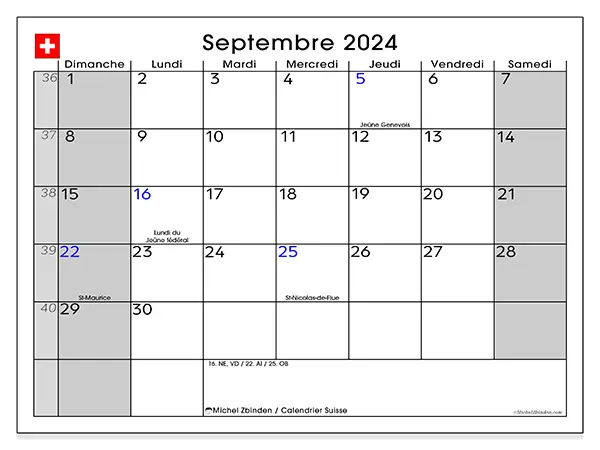 Calendrier Suisse pour septembre 2024 à imprimer gratuit. Semaine : Dimanche à samedi.