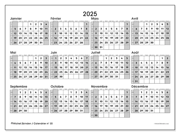 Calendrier n° 30 à imprimer gratuit, 2025. Semaine :  