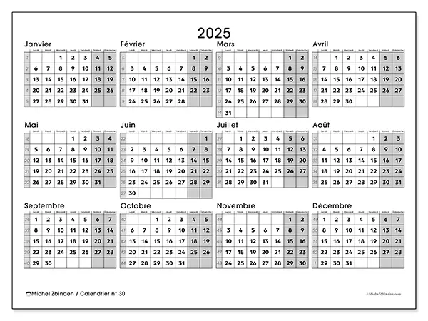 Calendrier n° 30 à imprimer gratuit, 2025. Semaine :  