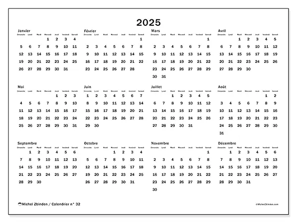 Calendrier à imprimer n° 32, 2025