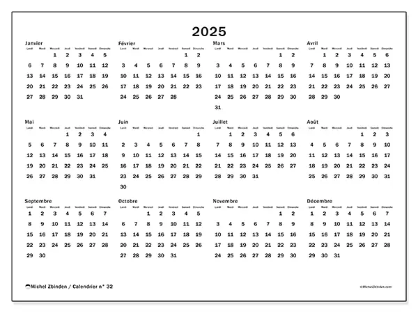 Calendrier n° 32 à imprimer gratuit, 2025. Semaine :  