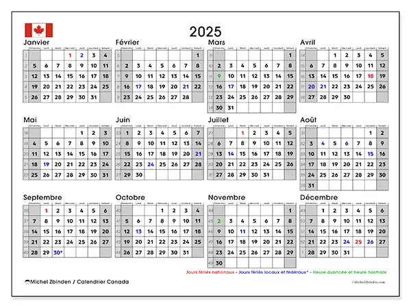 Calendrier Canada pour 2025 à imprimer gratuit. Semaine : Dimanche à samedi.