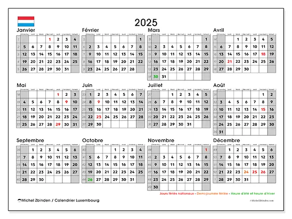 Calendrier Luxembourg pour 2025 à imprimer gratuit. Semaine : Dimanche à samedi.