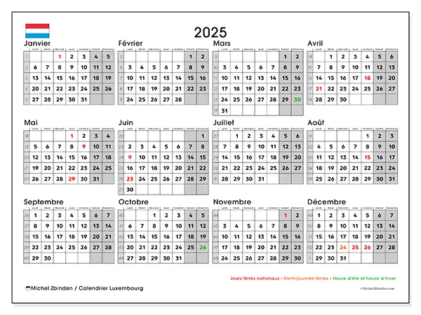 Calendrier Luxembourg à imprimer gratuit,  2025. Semaine :  Lundi à dimanche