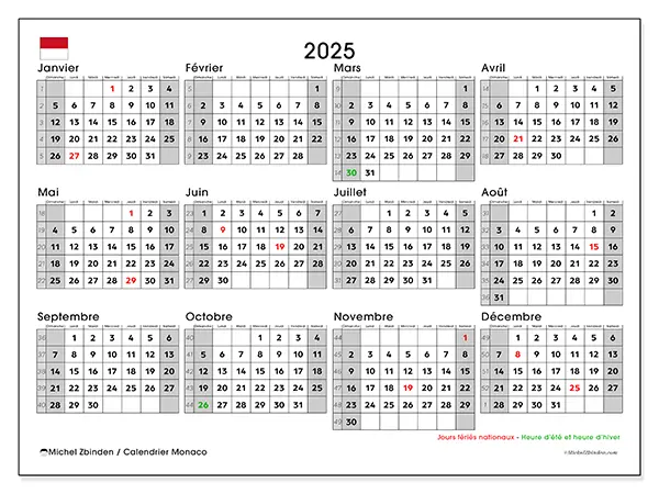 Calendrier Monaco pour 2025 à imprimer gratuit. Semaine : Dimanche à samedi.