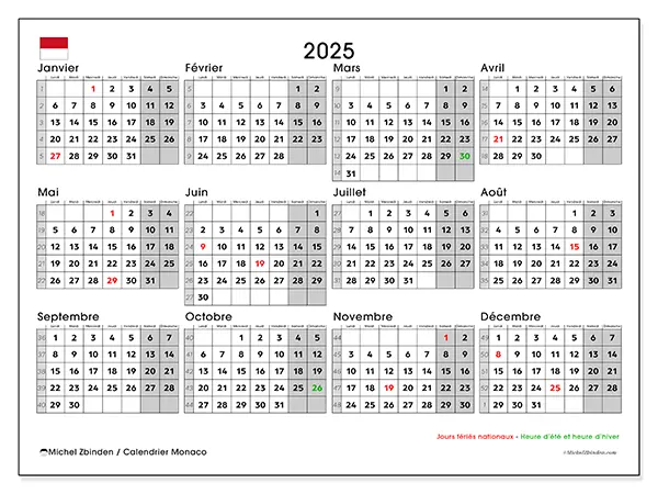 Calendrier Monaco à imprimer gratuit,  2025. Semaine :  Lundi à dimanche