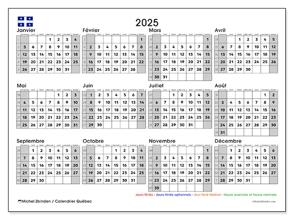 Calendrier à imprimer Québec, 2025