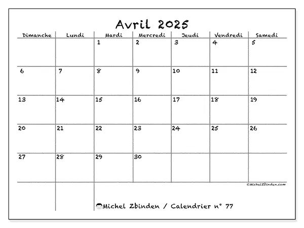 Calendrier avril 2025 77DS