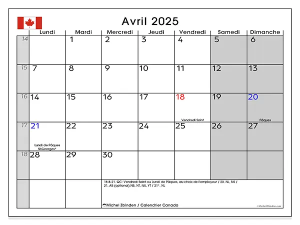 Calendrier Canada à imprimer gratuit, avril 2025. Semaine :  Lundi à dimanche