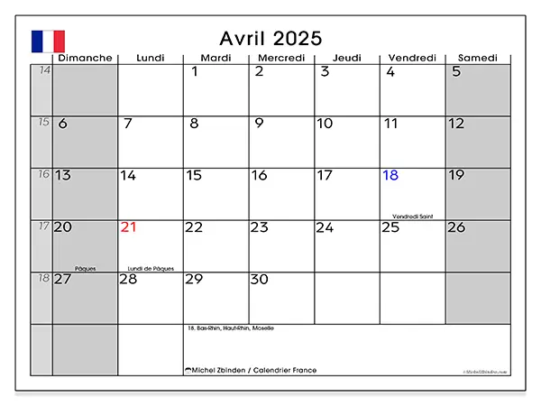 Calendrier à imprimer France pour avril 2025. Semaine : Dimanche à samedi.