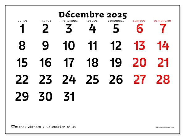 Calendrier n° 46 à imprimer gratuit, décembre 2025. Semaine :  Lundi à dimanche