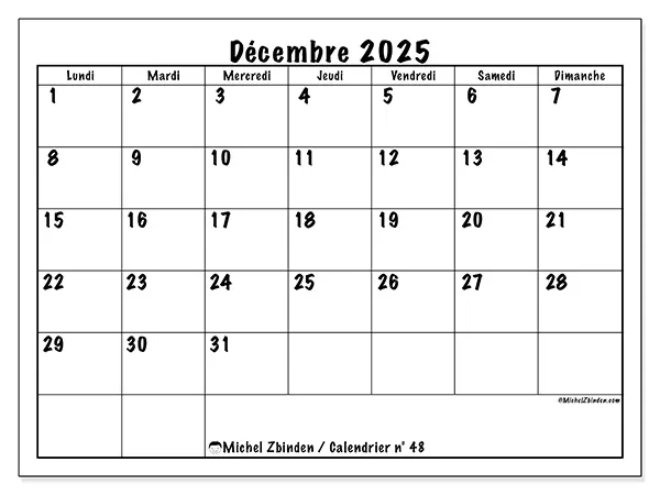 Calendrier n° 48 à imprimer gratuit, décembre 2025. Semaine :  Lundi à dimanche