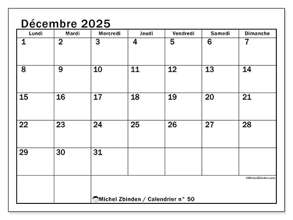 Calendrier n° 50 à imprimer gratuit, décembre 2025. Semaine :  Lundi à dimanche