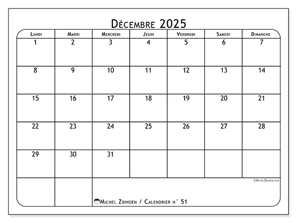 Calendrier n° 51 à imprimer gratuit, décembre 2025. Semaine :  Lundi à dimanche