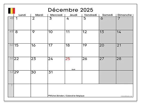 Calendrier Belgique à imprimer gratuit, décembre 2025. Semaine :  Lundi à dimanche