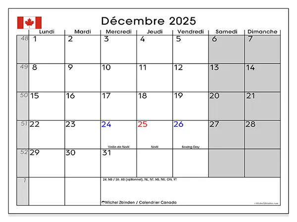 Calendrier Canada à imprimer gratuit, décembre 2025. Semaine :  Lundi à dimanche