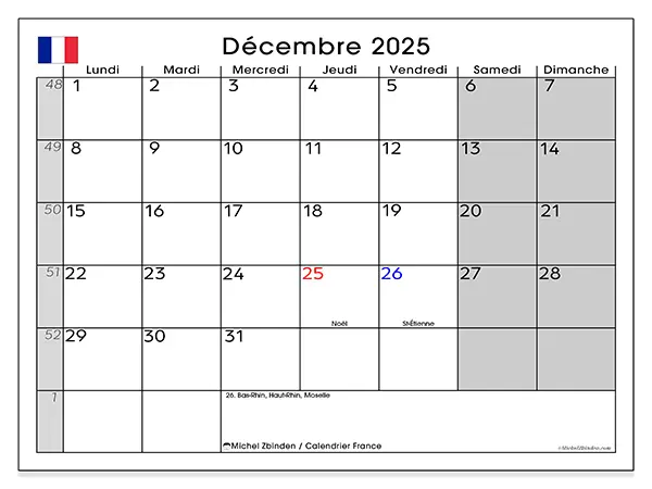 Calendrier France à imprimer gratuit, décembre 2025. Semaine :  Lundi à dimanche