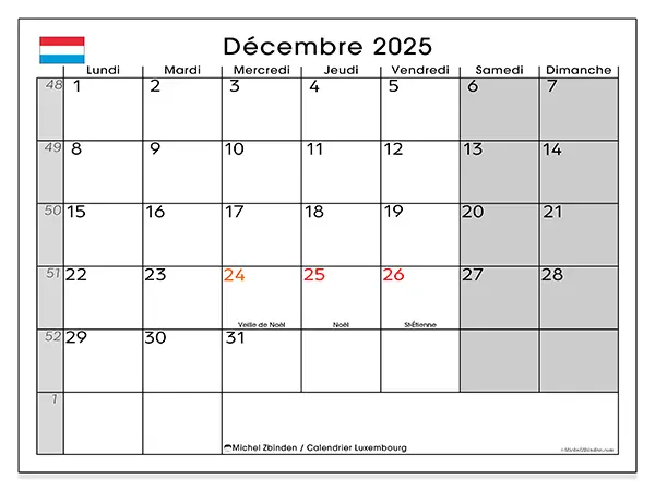 Calendrier Luxembourg à imprimer gratuit, décembre 2025. Semaine :  Lundi à dimanche