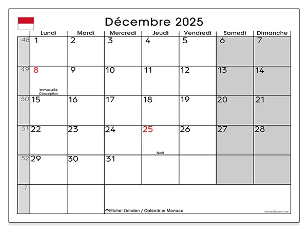 Calendrier Monaco à imprimer gratuit, décembre 2025. Semaine :  Lundi à dimanche