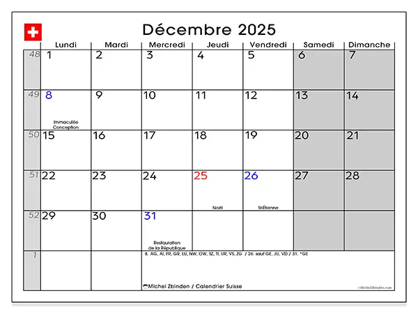 Calendrier Suisse à imprimer gratuit, décembre 2025. Semaine :  Lundi à dimanche