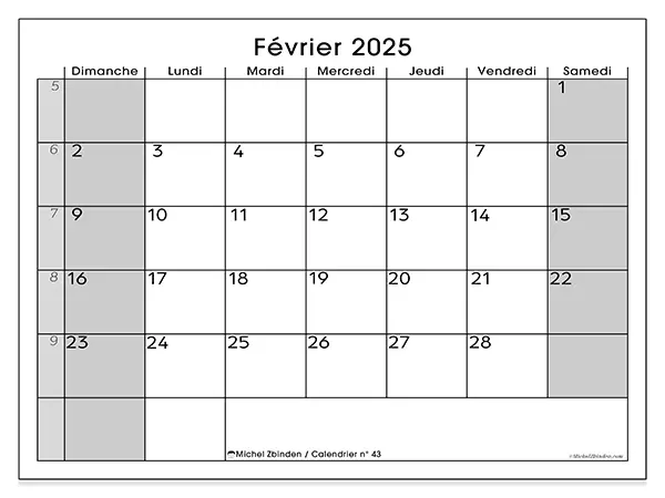 Calendrier n° 43 pour février 2025 à imprimer gratuit. Semaine : Dimanche à samedi.