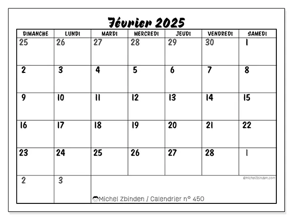 Calendrier n° 450 pour février 2025 à imprimer gratuit. Semaine : Dimanche à samedi.