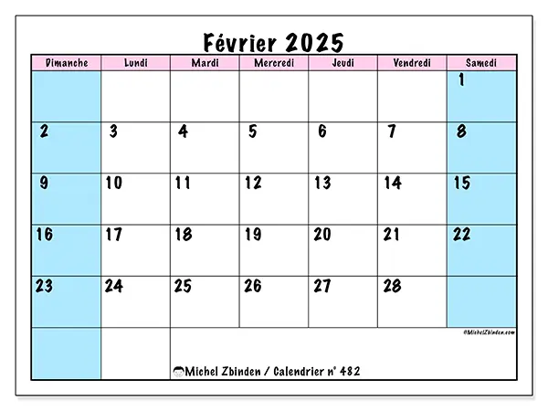 Calendrier n° 482 pour février 2025 à imprimer gratuit. Semaine : Dimanche à samedi.