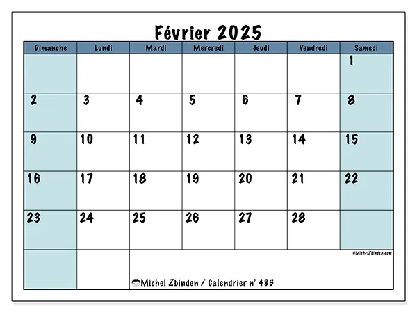 Calendrier n° 483 pour février 2025 à imprimer gratuit. Semaine : Dimanche à samedi.