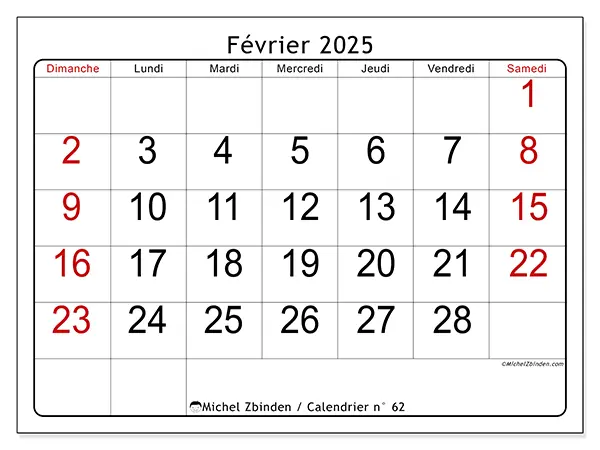 Calendrier février 2025 62DS