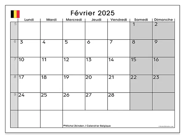 Calendrier Belgique pour février 2025 à imprimer gratuit. Semaine : Lundi à dimanche.