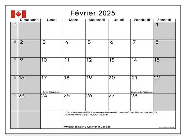 Calendrier Canada pour février 2025 à imprimer gratuit. Semaine : Dimanche à samedi.