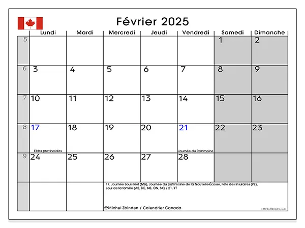 Calendrier Canada pour février 2025 à imprimer gratuit. Semaine : Lundi à dimanche.