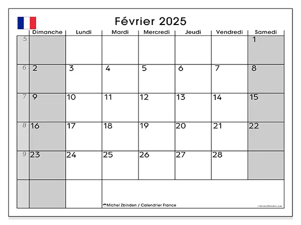 Calendrier France pour février 2025 à imprimer gratuit. Semaine : Dimanche à samedi.