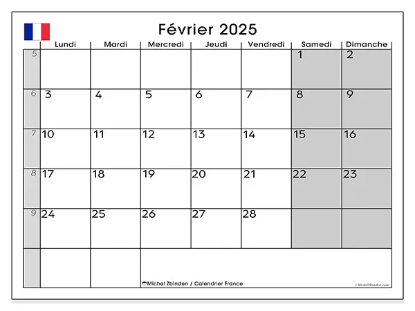 Calendrier France à imprimer gratuit, février 2025. Semaine :  Lundi à dimanche