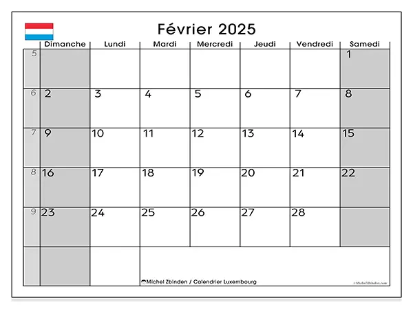 Calendrier Luxembourg pour février 2025 à imprimer gratuit. Semaine : Dimanche à samedi.
