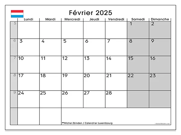 Calendrier Luxembourg à imprimer gratuit, février 2025. Semaine :  Lundi à dimanche