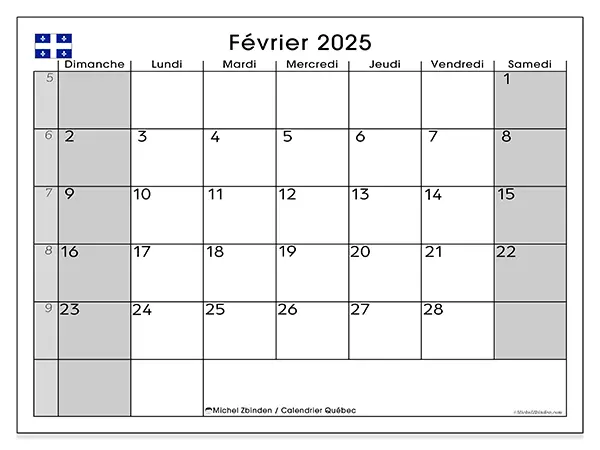 Calendrier Québec pour février 2025 à imprimer gratuit. Semaine : Dimanche à samedi.
