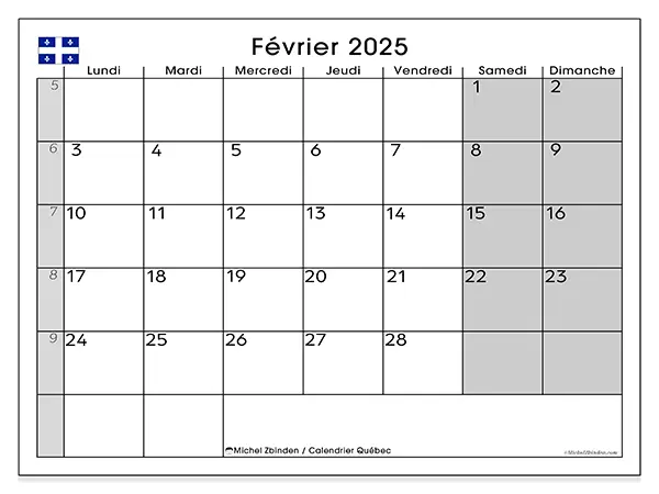 Calendrier Québec à imprimer gratuit, février 2025. Semaine :  Lundi à dimanche