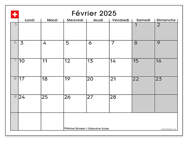 Calendrier Suisse pour février 2025 à imprimer gratuit. Semaine : Lundi à dimanche.
