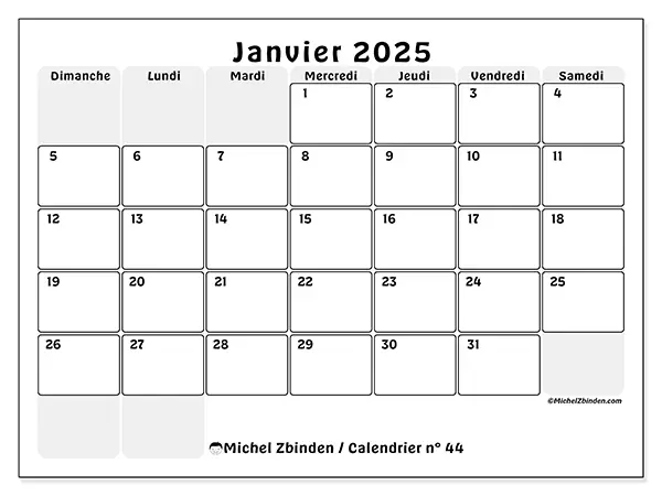 Calendrier n° 44 pour janvier 2025 à imprimer gratuit. Semaine : Dimanche à samedi.