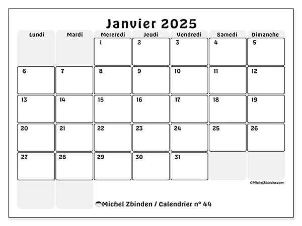 Calendrier n° 44 pour janvier 2025 à imprimer gratuit. Semaine : Lundi à dimanche.