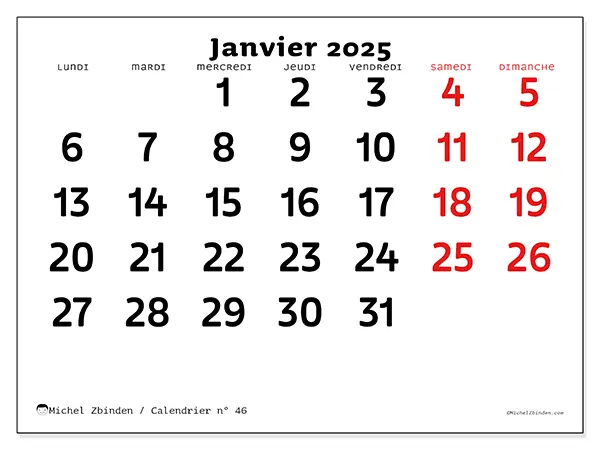 Calendrier n° 46 pour janvier 2025 à imprimer gratuit. Semaine : Lundi à dimanche.