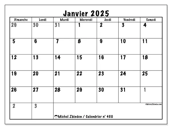 Calendrier n° 480 pour janvier 2025 à imprimer gratuit. Semaine : Dimanche à samedi.