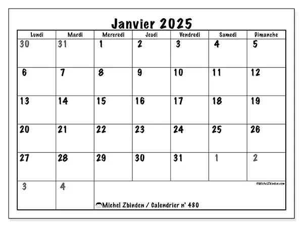 Calendrier n° 480 pour janvier 2025 à imprimer gratuit. Semaine : Lundi à dimanche.