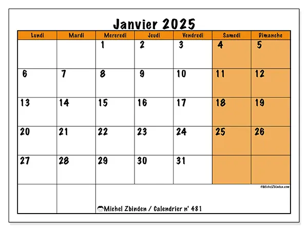 Calendrier n° 481 pour janvier 2025 à imprimer gratuit. Semaine : Lundi à dimanche.