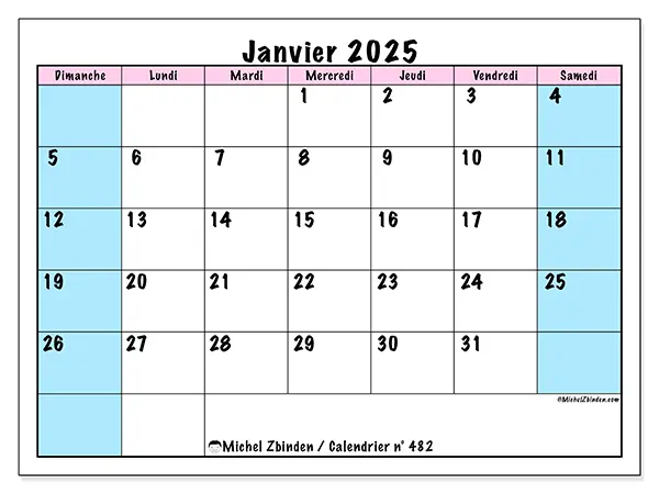 Calendrier n° 482 pour janvier 2025 à imprimer gratuit. Semaine : Dimanche à samedi.