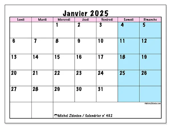 Calendrier n° 482 pour janvier 2025 à imprimer gratuit. Semaine : Lundi à dimanche.