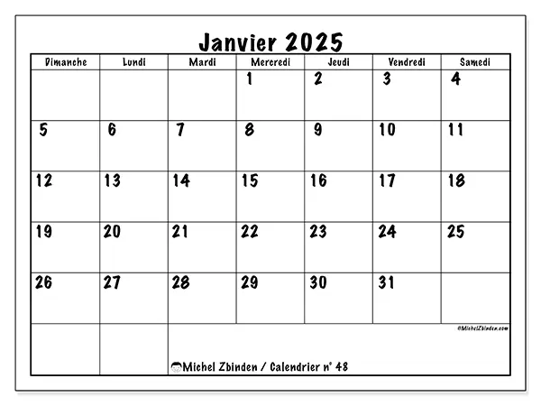 Calendrier n° 48 pour janvier 2025 à imprimer gratuit. Semaine : Dimanche à samedi.