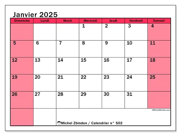 Calendrier n° 502 pour janvier 2025 à imprimer gratuit. Semaine : Dimanche à samedi.