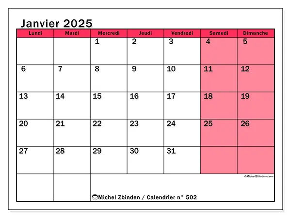 Calendrier n° 502 pour janvier 2025 à imprimer gratuit. Semaine : Lundi à dimanche.